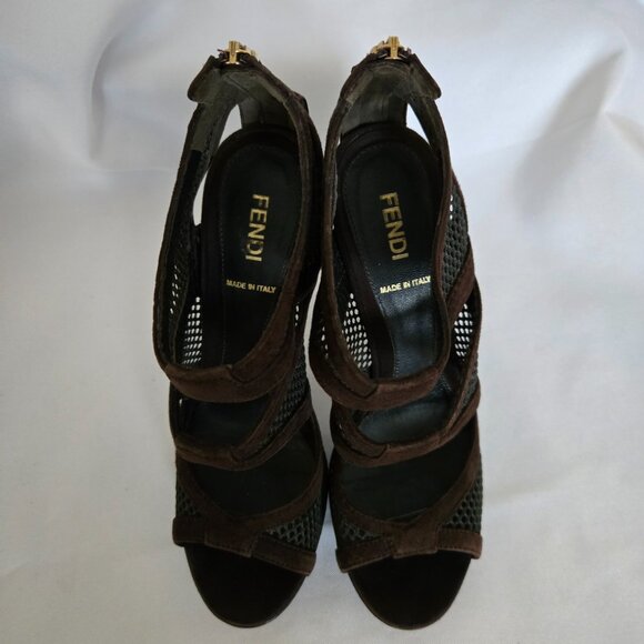 Fendi Sandalo Camoscio Rete Nylon Suede Mesh Heels Brown SZ 36.5 (6.5) - Picture 2 of 14